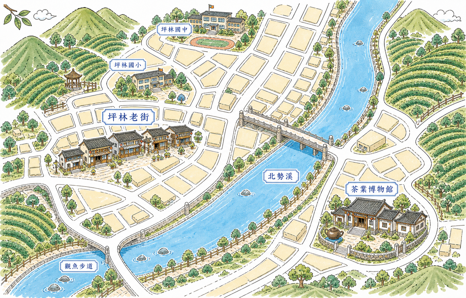 手繪風格坪林茶路地圖底圖，包含坪林老街、北勢溪、茶業博物館、坪林國小、坪林國中與觀魚步道